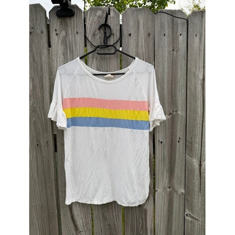 Fantastic‎ Fawn White Ruffle Sleeve Top Pastel Stripe Raglan Tee Medium